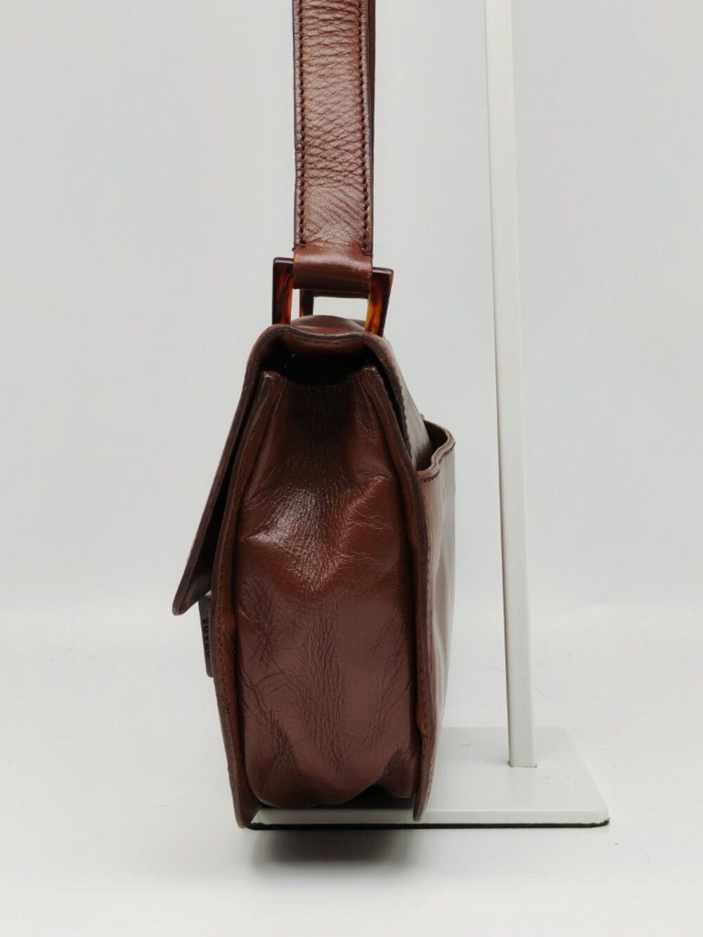 Vintage Prada Brown Leather Shoulder Bag Flap Clasp Logo Purse - Picture 5 of 14